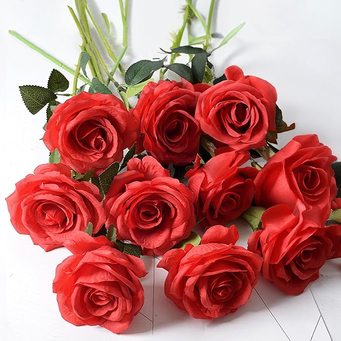 20PCS Artificial Roses with Long Stems - Realistic Silk Flowers, Fake Roses Real Touch Bouquet of Roses for Home Decor, Bridal Wedding Party Table Centerpieces, Bulk Faux Rose Flowers (White Red)