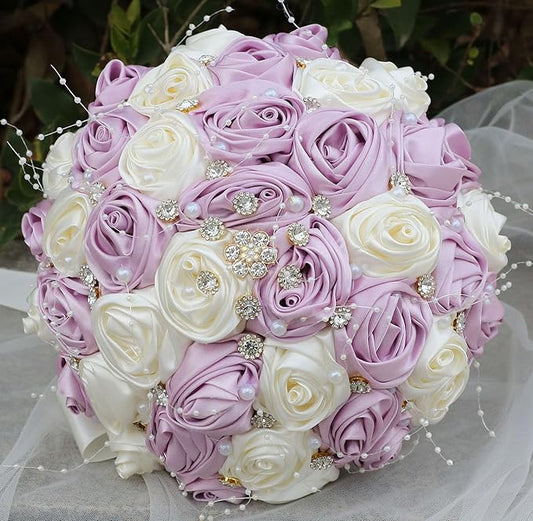 Bridal Wedding Bouquet Round Bling Brooch Bouquet Throw Toss Artificial Rose Flower Bunch for Bride Bridesmaid Wedding Quinceanera(Light Taro Purple & Ivory, 6.3")