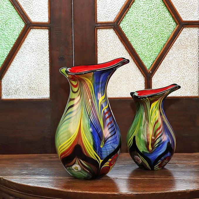 Luxury Lane Hand Blown Abstract Teardrop Art Glass Vase for Decor Centerpiece Table Decoration 9.5 inch Tall Multicolor
