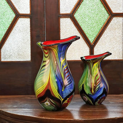 Luxury Lane Hand Blown Abstract Teardrop Art Glass Vase for Decor Centerpiece Table Decoration 9.5 inch Tall Multicolor