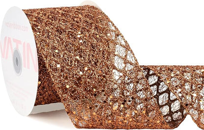 VATIN 4" Copper Christmas Ribbon, Copper Glitter Mesh Diamond Web Sequin Dots Wired Christmas Ribbon for Gift Wrapping Bow Making Wreath Supply-10 Yards