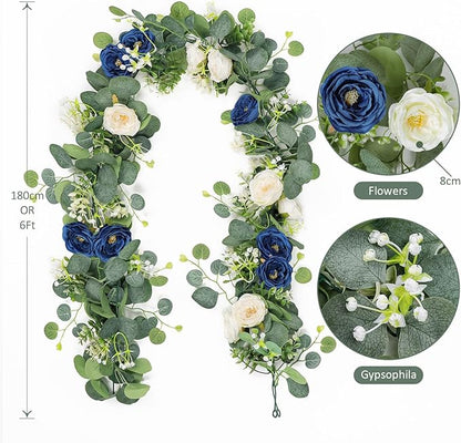 TOCHGREEN 4 Pack Artificial Eucalyptus Flower Garland with White and Blue Roses, Fake Rose Flower Greenery Garland Floral Vines for Wedding Home Party Table Runner Decor (Blue White, 4PCS)