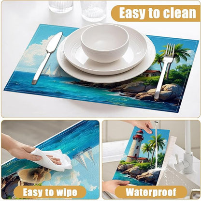 Lighthouse Placemats Set of 6, Nautical Theme Palm Linen Place Mat Washable Stain Resistant Table Mats for Farmhouse Kitchen Dining Party 12x18 Inch