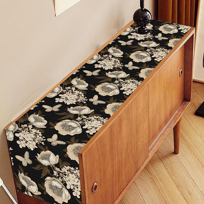 Boho Floral Table Runner, Retro Bohemian Abstract Flower Leaves Black Gothic Print Table Center Decor for Family Kitchen Table Decorations Indoor Outdoor 13x36 inch