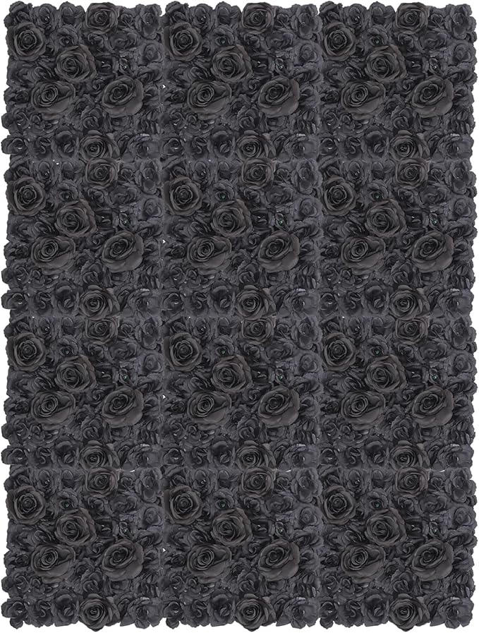Flower Wall Panel Set,Black Artificial Wall Flower Backdrop,12 Pcs 14.96" X 14.96" 3D Silk Hydrangea Rose Floral Panel,Faux Roses Artificial Flower Backdrop for Wall Decor (12PCS Black4)