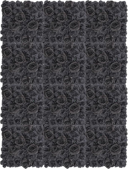 Flower Wall Panel Set,Black Artificial Wall Flower Backdrop,12 Pcs 14.96" X 14.96" 3D Silk Hydrangea Rose Floral Panel,Faux Roses Artificial Flower Backdrop for Wall Decor (12PCS Black4)