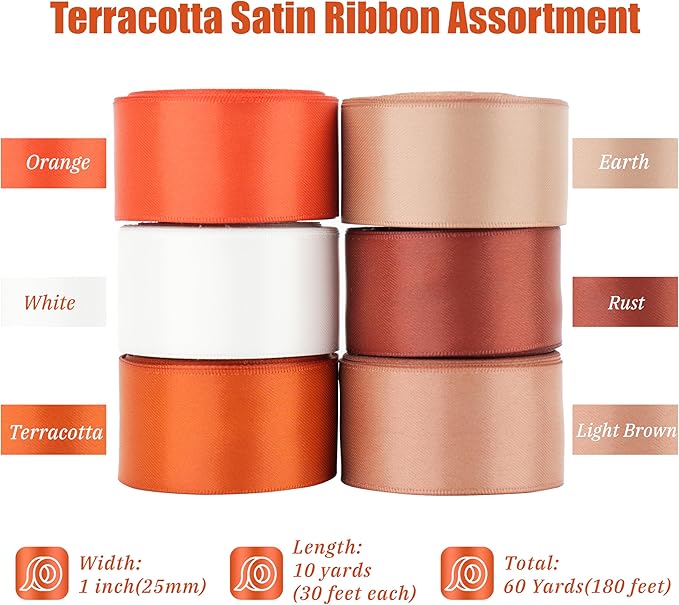 Terracotta Ribbon 1 Inch Satin Ribbon 6 Rolls Assortment Burnt Orange for Wedding, Party Shower, Gift Wrapping Hair Bows Crafts Flower Bouquet - 60Yards