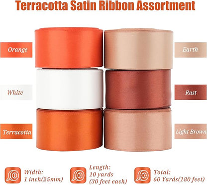 Terracotta Ribbon 1 Inch Satin Ribbon 6 Rolls Assortment Burnt Orange for Wedding, Party Shower, Gift Wrapping Hair Bows Crafts Flower Bouquet - 60Yards