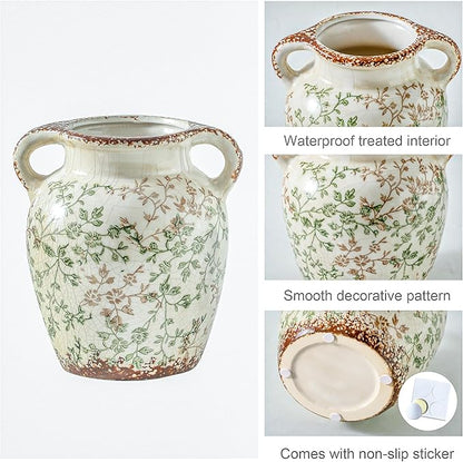 Enra Vintage vase,7.8 Inch Green and Beige Ceramic Decorative Flower vase, Chinoiserie Floral Vase,Large Rustic Vases for Home Decors, Living Room, Bookshelf, Office