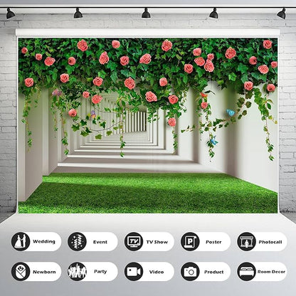 Rose Flowers Backdrop Red Rose Flowers and Green Leaves with Butterflies Photography Background Spring Alley Green Grass Backdrops Outdoor Wedding Party Decorations Photo Studio Props 20x10ft
