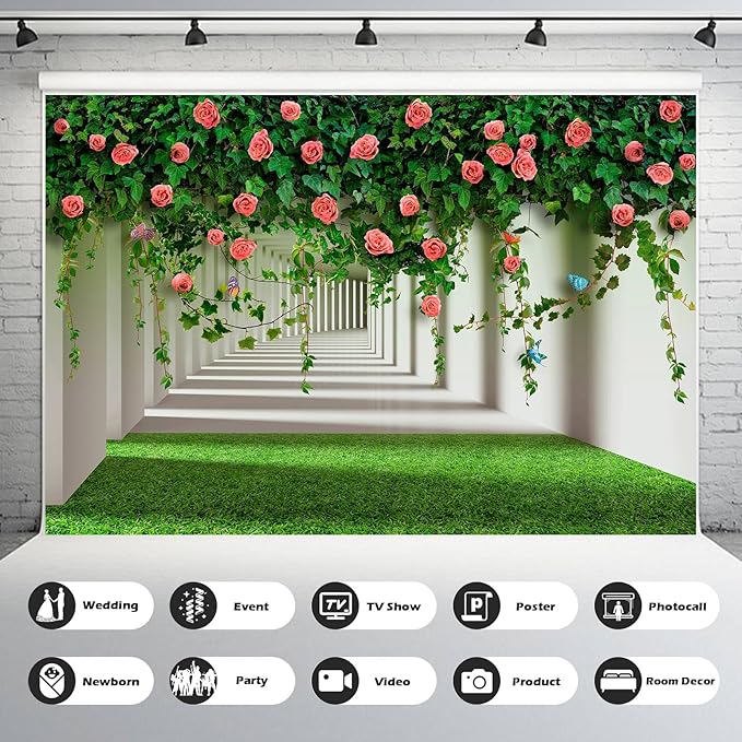 Rose Flowers Backdrop Red Rose Flowers and Green Leaves with Butterflies Photography Background Spring Alley Green Grass Backdrops Outdoor Wedding Party Decorations Photo Studio Props 8x6ft