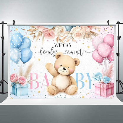 Riyidecor Bear Gender Reveal Backdrop Polyester Fabric We Can Bearly Wait Boho Floral Pampas Grass Rose Flowers 7Wx5H Feet Balloon Baby Shower Photography Background He or She Photo Studio Shoot
