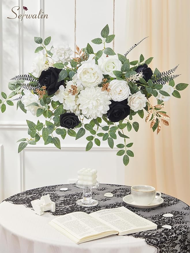 Serwalin Black Artificial Flowers, White Roses Silk Fake Flowers for DIY Wedding Bridal Bouquets, Wedding Cake Flowers for Table Centerpieces Baby Shower Birthday Party Home Decorations