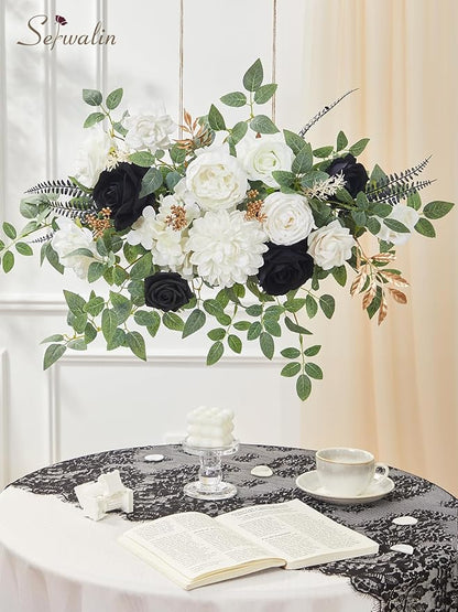 Serwalin Black Artificial Flowers, White Roses Silk Fake Flowers for DIY Wedding Bridal Bouquets, Wedding Cake Flowers for Table Centerpieces Baby Shower Birthday Party Home Decorations