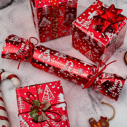 MAYPLUSS Christmas Red Wrapping Paper Roll - 17 Inch X 33 Feet - Luxury Metallic Shiny Red Christmas Tree and Snow Foil Roll Winter Holiday Gift Wrap Sheet for Party, DIY Crafts & Festive Decoration