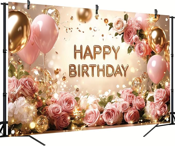 Rose Gold Birthday Backdrop Banner Pink Balloon Floral Rose Photography Background for Girls Women Gold Birthday Party Wedding Baby Shower Decor Photo Booth Supplie 71 x 43 Inch