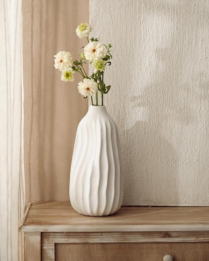 Ceramic Rustic Vase for Decor - 8.4Inch Farmhouse Vases - Decorative Vase for Home Decor, Living Room, Table, Boho - Shell White
