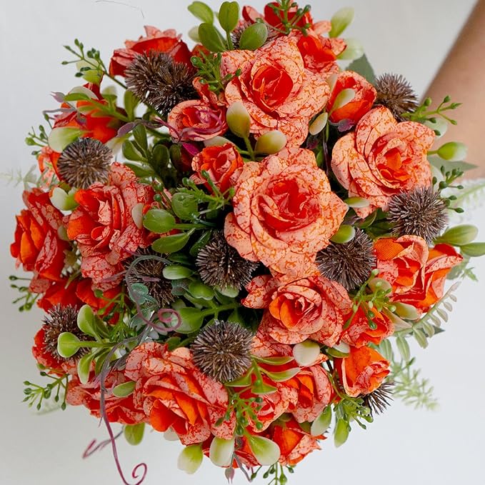 3 Bundles Fall Artificial Flowers Bouquet, Fake Roses Bouquet for Centerpiece Table Wedding Party Home Decor (Orange)