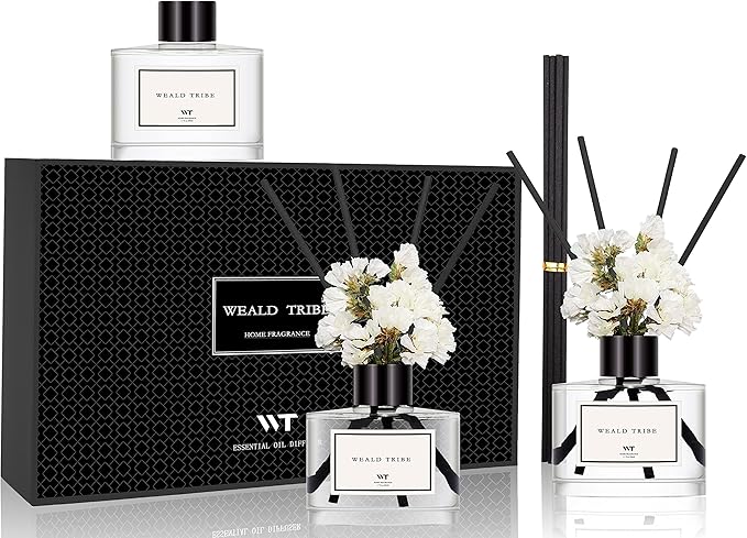 WEALD TRIBE Real Flower Reed Diffuser Set of 3 for Bathroom Shelf Decor, Lemongrass,Eucalyptus & Mint,Velvet Vanilla Scent Sticks Defusers with Essential Oils | Home Office Fragrance(1.7 fl oz/Pack)