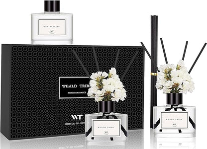 WEALD TRIBE Flower Reed Diffuser Set Of 3(Bamboo,Sage & Sea Salt,Sandalwood Ebony Scent) For Bathroom Accessories Shelf Decor & Air Fresheners, Gift Stick Defusers With 1.7 oz Essential Oils Each Pack