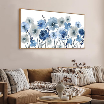 Framed Flowers Canvas Wall Art - Indigo Floral Canvas Pictures Living Room Wall Decor Botanical Canvas Prints Painting Abstract Artwork Bedroom Office Home Decor 24"x 48"