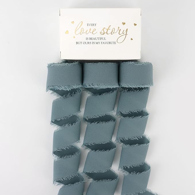 MEEDEE Slate Blue Chiffon Ribbon 1 Inch Fringe Ribbons Dusty Blue Chiffon Silk Frayed Edge Ribbon Thin Chiffon Ribbons for Crafts, Gift Wrapping, Wedding Invitation (3 Rolls 21 Yards)