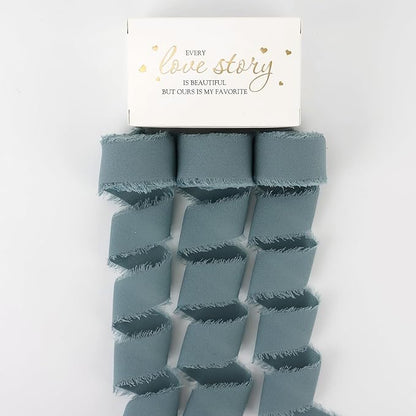 MEEDEE Slate Blue Chiffon Ribbon 1 Inch Fringe Ribbons Dusty Blue Chiffon Silk Frayed Edge Ribbon Thin Chiffon Ribbons for Crafts, Gift Wrapping, Wedding Invitation (3 Rolls 21 Yards)