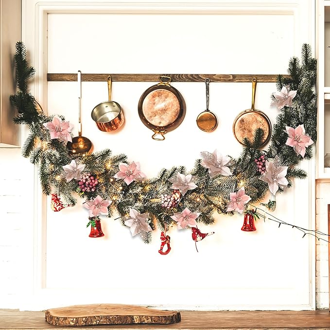 Boao 24 Pieces Christmas Artificial Glitter Poinsettia Flowers Xmas Flowers Wedding Christmas Tree New Year Ornaments(Champagne and Rose Gold)