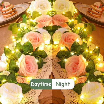 4 Pcs Flower Garland with 39.2 Ft Lights, 26.4 Ft Pink & White Floral Garland Fake Flowers for Wedding Arch Party Wall Garden Room Decor