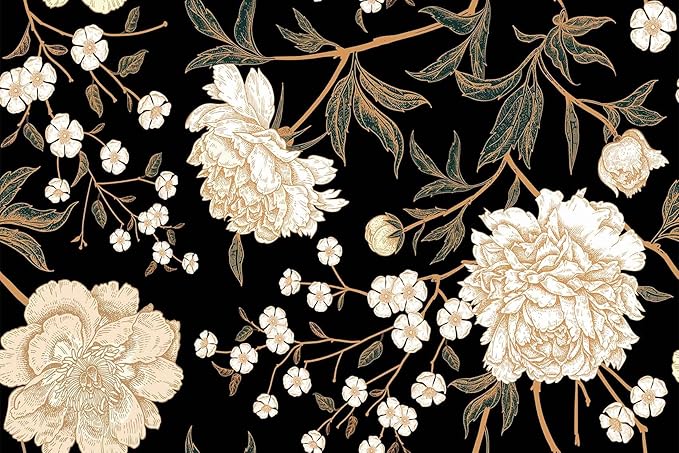 Peony Flower Retro Seamless Pattern Wallpaper, Large Art Background Wall Mural for Bedroom and Living Room(Non-self-Adhesive)
