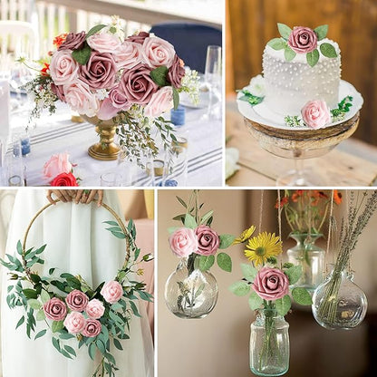 AmyHomie Artificial Flower Warm Taupe & Nude Rose 25pcs Real Looking Fake Roses w/Stem for DIY Wedding Bouquets Centerpieces Arrangements Party Baby Shower Valentines Day Christmas Tree Decorations