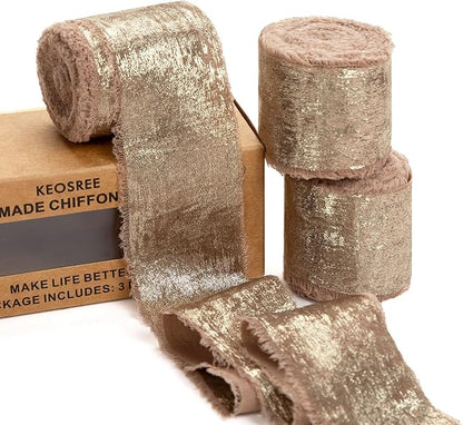 Light Brown Silk Chiffon Ribbon,Frayed Shimmery Silk Ribbon for Bridal Flower Bouquet Christmas Gift Wrapping Wedding Decor Invitations Decorations 1.5" x 15 Yards (5Yards X 3 Rolls)