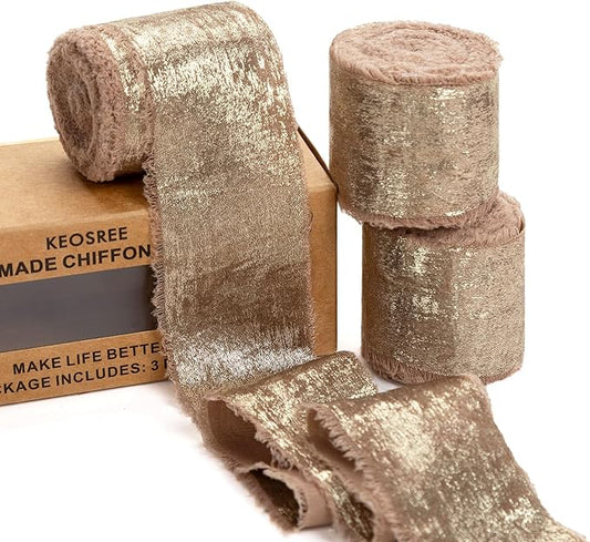 Light Brown Silk Chiffon Ribbon,Frayed Shimmery Silk Ribbon for Bridal Flower Bouquet Christmas Gift Wrapping Wedding Decor Invitations Decorations 1.5" x 15 Yards (5Yards X 3 Rolls)