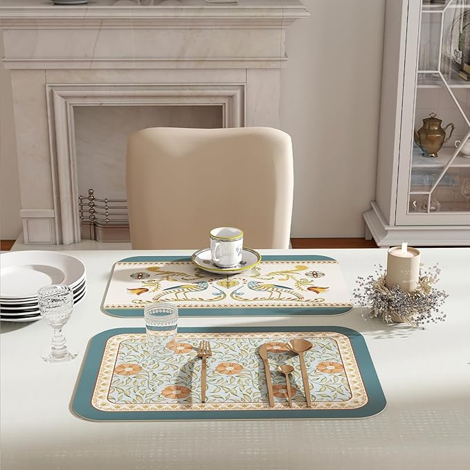 patdrea French Floral Rectangular PVC Placemats, Pack of 6, Waterproof Insulation, Soft and Durable, Suitable for Dining Table, Kitchen and Coffee Table Decoration,12"*17"