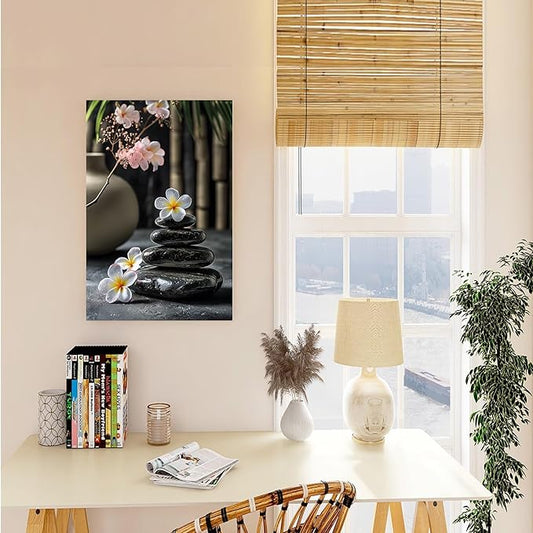 A harmonious black stone stack paired with white and pink flowers bamboo and ceramic vases creates a tranquil Zen decor for minimalist homes and mindful spaces 24x36in Frameless