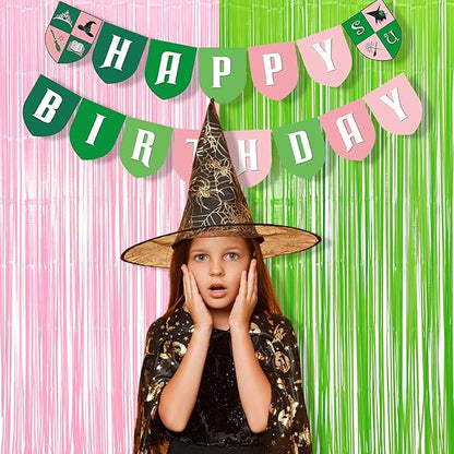 BRAVESHINE Party Streamers Backdrop - 2 Pack 3.2ft X 8.2ft Tinsel Foil Fringe Curtains for Christmas/Fairy/Girl/Birthdays/Wizard/Bridal/Baby Shower/Photos Booths/Pink and Green Party Decorations
