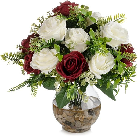 ENOVA FLORAL 18 Heads Silk Rose Artificial Flowers in Vase,Faux Rose Flowers Arrangement in Round Bowl Vase with Faux Water and River Rock for Table Decor Centerpieces (Burgundy Cream)