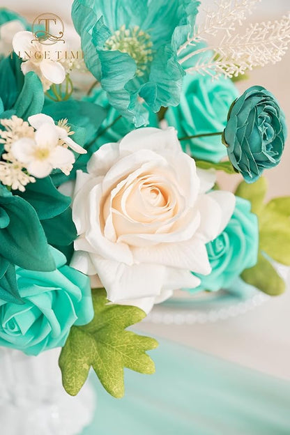 TINGE TIME Artificial Flowers Combo Mix Silk Flowers Teal Green Roses w/stem for DIY Wedding Bridal Bouquets Baby Shower Floral Arrangement Table Centerpieces Home Decorations (Deep Teal Green)