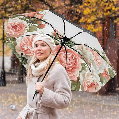 Automatic Folding Umbrella Windproof Strong, UV Protection Compact Floral Hydrangea Hummingbird Sun Rain Sun Rain Travel Umbrellas for Women Men