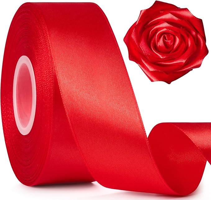 1-1/2 Inch Wide Red Satin Ribbon, 50 Yards Solid Polyester Fabric Ribbon for Roses Making, Gift Wrapping, Christmas, Wedding Decorations, Crafts, Bows