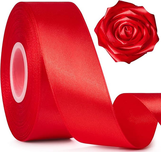 1-1/2 Inch Wide Red Satin Ribbon, 50 Yards Solid Polyester Fabric Ribbon for Roses Making, Gift Wrapping, Christmas, Wedding Decorations, Crafts, Bows