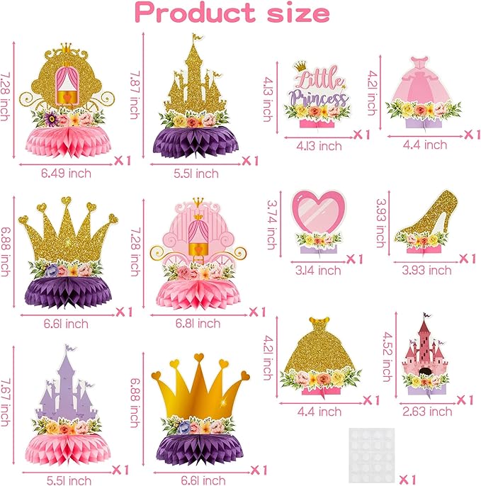 12Pcs Floral Princess Party Honeycomb Centerpieces Princess Theme Party Decorations Supplies Pink and Gold Castle Crown Carriage Baby Shower Birthday Table Toppers for Girls