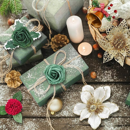 Jspupifip Christmas Artificial Flowers Combo Box Gold, Red, Green Fake Silk Roses Mix Dahlia Poinsettias for DIY Wedding Bridal Shower Boho Cake Decorations Floral Arrangements Centerpieces