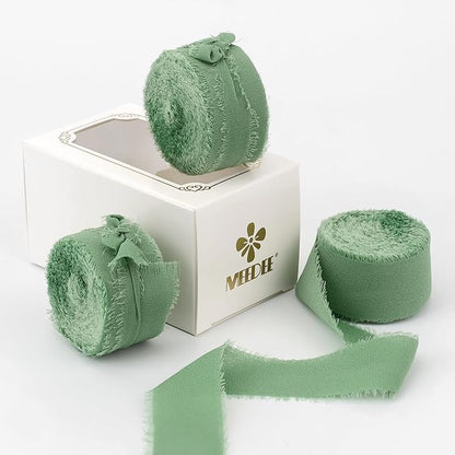 MEEDEE Sage Chiffon Ribbon 1 Inch Green Frayed Ribbons Sage Green Chiffon Silk Light Green Ribbon Thin Chiffon Ribbons for Crafts, Gift Wrapping, Wedding Invitation (3 Rolls 21 Yards)