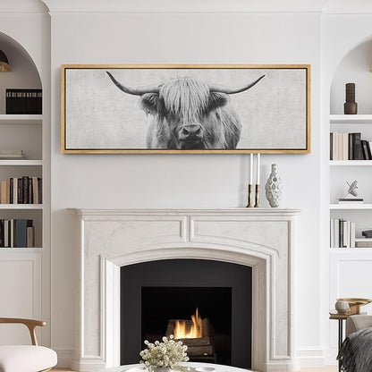SIGNFORD Large Framed Canvas Print Wall Art Highland Gentleman Portrait of a Highland Cow Illustrations Modern Art Relax/Calm Warm for Living Room, Bedroom, Office - 60"x20"