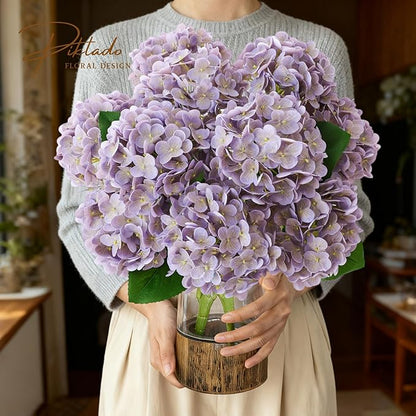 2 Bunchs 21in,Light Purple Real Touch Hydrangea Artificial Flowers,with 10pcs Flower Heads 20pcs Green Leaves, Faux Hydrangea Flowers,for Home Office Decor Wedding Party Arrangements