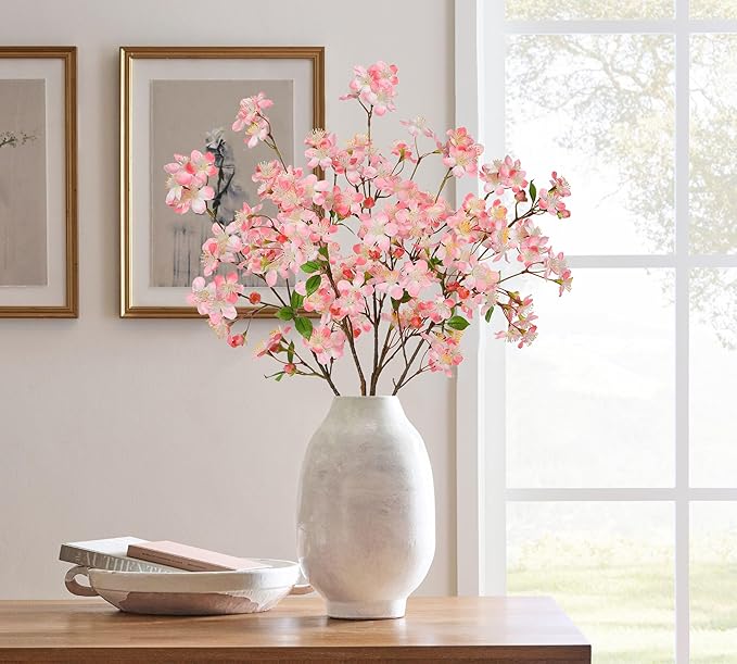 DILATATA Artificial Cherry Blossom Flowers 5 Pcs Silk Cherry Blossom Stems 27.5 Inch Long Stems Faux Silk Peach Flowers for Tall Vase Spring Decor Wedding Party Home Table Arrangement - Pink