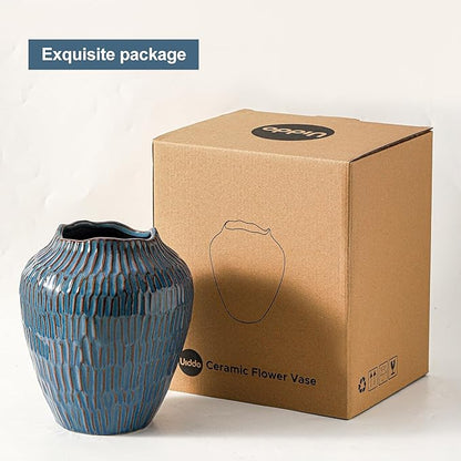 Blue Ceramic Vase for Home Decor,7.8 Inch Flower Vases，Decorative Vase for Pampas Grass，Modern Art Texture Vases for Home Entryway Living Room Dining Table Farmhouse Office Decor- Blue