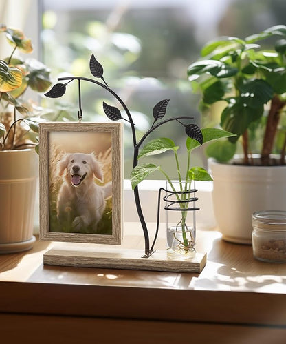 Afuly 4x6 Picture Frame Potted Plants Desk Photo Frames with Metal Stand Glass Vase, Rustic Double Sides Display Wood Frame Wedding Birthday Gifts for Couple Mom Grandma Women