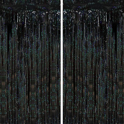 2 Pack Laser Black Tinsel Foil Fringe Curtains, Black Party Decorations, Metallic Tinsel Party Streamers Backdrop for Birthday Halloween Masquerade New Years Gatsby 1920s Party Decorations